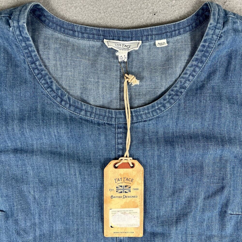 Fat Face Dress 4 Blue Denise Denim Peplum Chambray Short Sleeve Round Neck - Picture 2 of 12